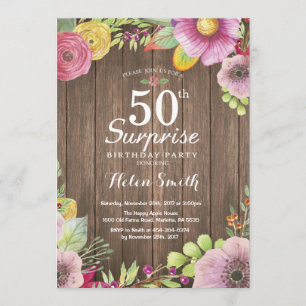 Rustic Floral Surprise 50th Birthday Invitation Kaart