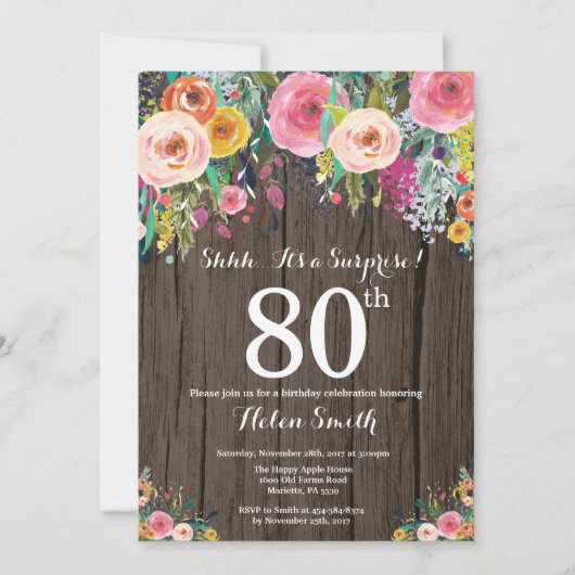 Rustic Floral Surprise 80th Birthday Invitation Kaart (Voorkant)
