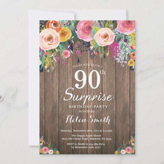 Rustic Floral Surprise 90th Birthday Invitation Kaart (Voorkant)