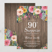 Rustic Floral Surprise 90th Birthday Invitation Kaart (Voorkant / Achterkant)