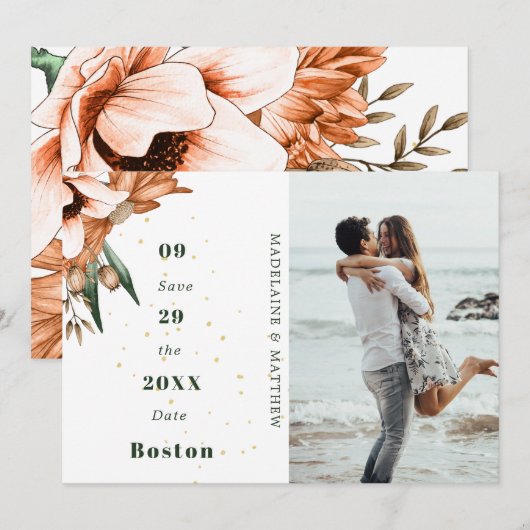 Rustic Floral Terracotta Photo Gold Elegant Chic Save The Date (Voorkant / Achterkant)