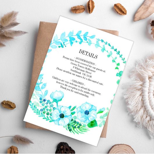 Rustic Floral Turquoise Wedding Wreath Informatiekaartje