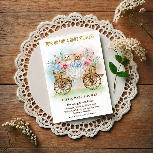 Rustic Floral Wagon Baby Shower Invitation Briefkaart
