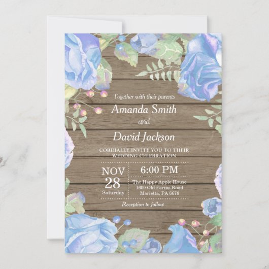 Rustic Floral Wedding Invitation Blue Waterverf Kaart (Voorkant)