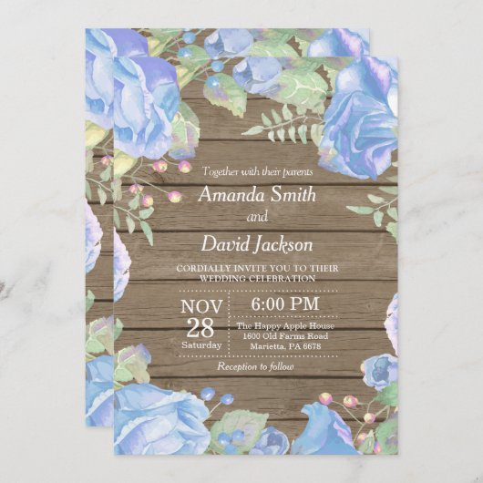 Rustic Floral Wedding Invitation Blue Waterverf Kaart (Voorkant / Achterkant)