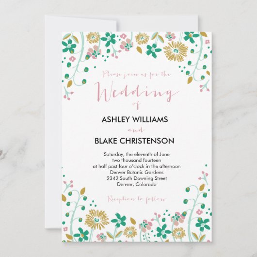 Rustic Floral Wedding Invitation Mint Gold Kaart (Voorkant)