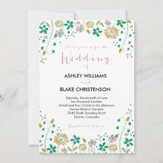 Rustic Floral Wedding Invitation Mint Gold Kaart