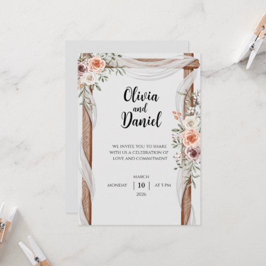 Rustic Floral Wedding Invitation with Wooden Arch (Devant/Arrière en situation)