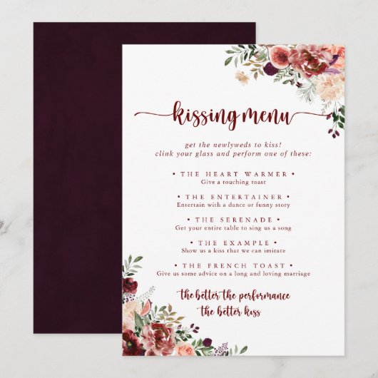 Rustic Floral Wedding Kissing Menu Game Kaart (Voorkant / Achterkant)