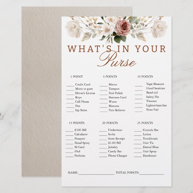 Rustic Floral What's In Your Purse Game Card (Voorkant / Achterkant)