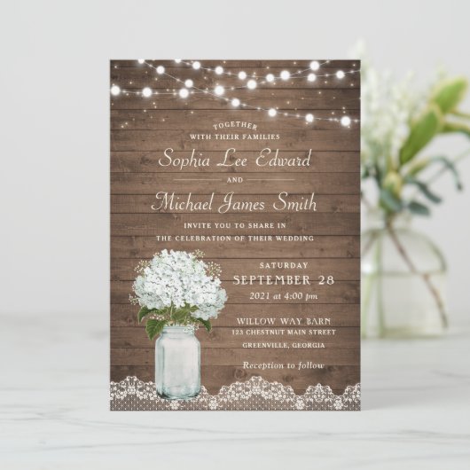 Rustic Floral White Hydrangea Mason Jar Lace Light Kaart (Staand voorkant)