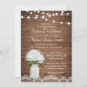 Rustic Floral White Hydrangea Mason Jar Lace Light Kaart