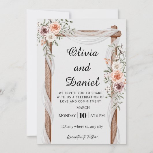 Rustic Floral Wood Arch Wedding Invitation (Devant)