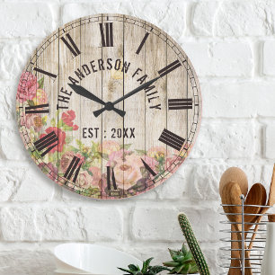 Rustic Floral Wood Custom Family Name Farmhouse Ronde Klok