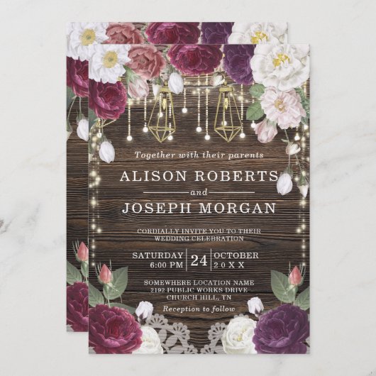 Rustic Floral Wood String-lampen Weddenschap Kaart (Voorkant / Achterkant)