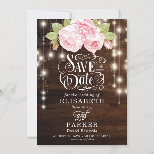 Rustic Floral Wood typografie Save The Date (Voorkant)
