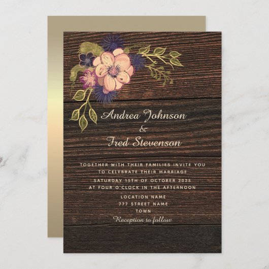 Rustic Floral Wood Wedding Invitation Kaart (Voorkant / Achterkant)
