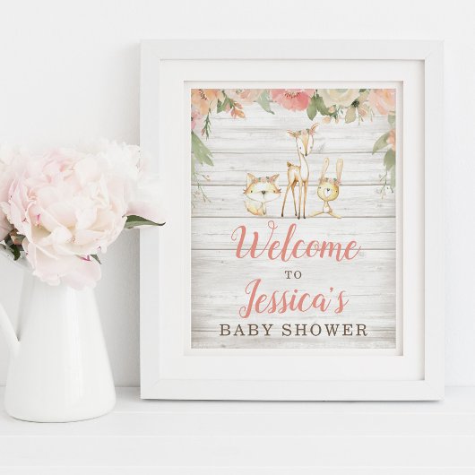 Rustic Floral Woodland Animals Baby shower Welkom Poster