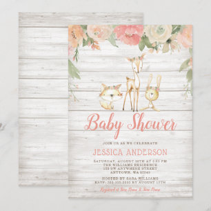 Rustic Floral Woodland Animals Girl Baby shower Kaart