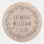 Rustic Floral Wreath Kraft Paper Aangepaste datum Ronde Sticker (Voorkant)