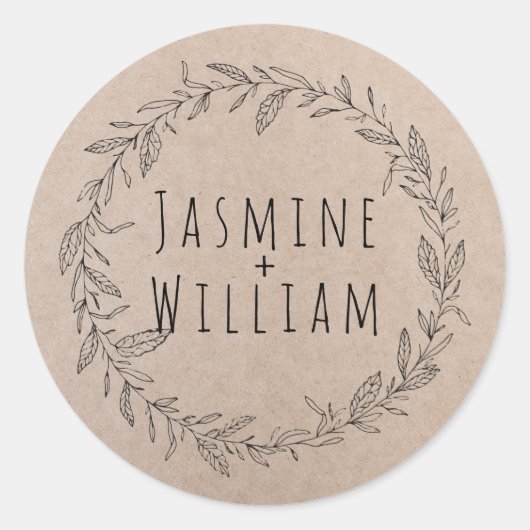 Rustic Floral Wreath Kraft Paper gepersonaliseerd Ronde Sticker (Voorkant)