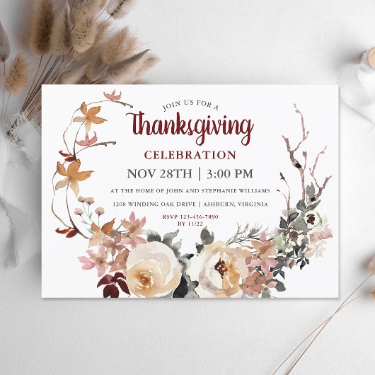 Rustic Floral Wreath Thanksgiving Celebration Kaart