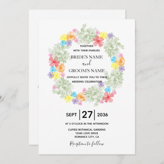 Rustic Floral Wreath Wedding Invitations Kaart (Voorkant / Achterkant)
