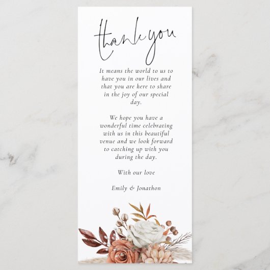 Rustic Florals Fall Wedding Thank You Menu (Achterkant)