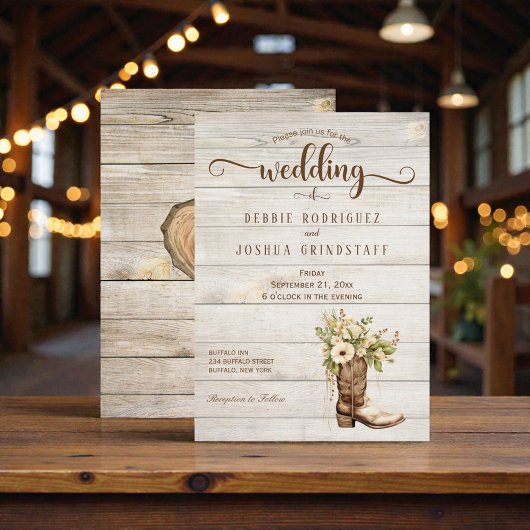 Rustic Flower Boot on Wood Wedding Invitation Kaart