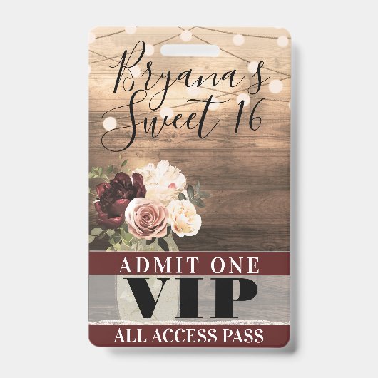 Rustic Flowers & String Lights Sweet 16 VIP-pas Badge (Voorkant)