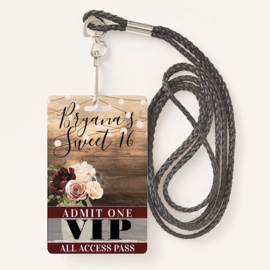 Rustic Flowers & String Lights Sweet 16 VIP-pas Badge (Voorkant met draagriem)