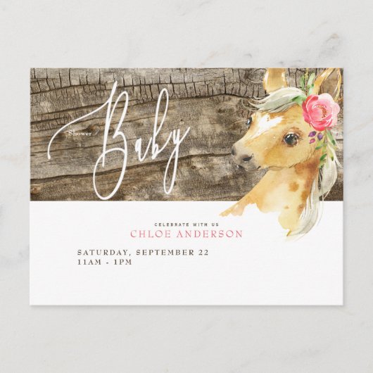 Rustic Foal Baby Girl Shower Invitation Carte post (Devant)