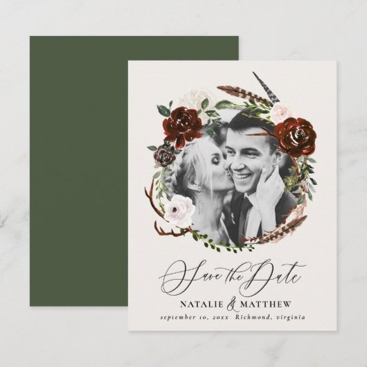 Rustic foliage en antler save the date notificatio aankondiging (Voorkant / Achterkant)
