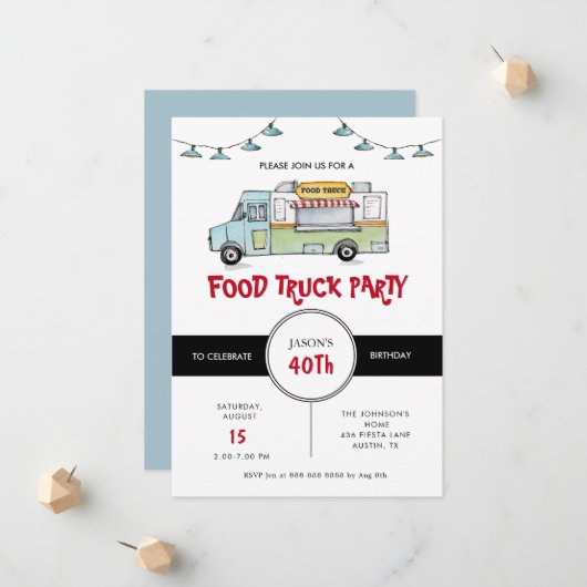 Rustic Food Truck Invitation de fête d'anniversair (Devant/Arrière en situation)