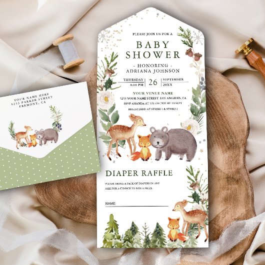 Rustic Forest Cute Animals Baby shower All In One Uitnodiging