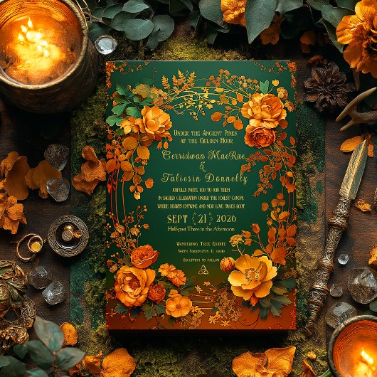 Rustic Forest Green Floral & Gold Autumn Wedding Kaart