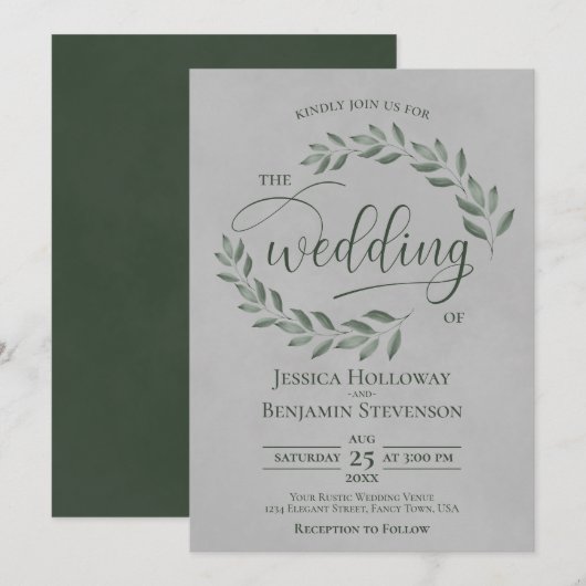 Rustic Forest Green Leaves Elegant Gray Wedding Kaart (Voorkant / Achterkant)