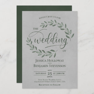 Rustic Forest Green Leaves Elegant Gray Wedding Kaart