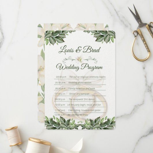 Rustic Forest Greenery Floral Wedding Program Card Programma (Voorkant / Achterkant in situ)