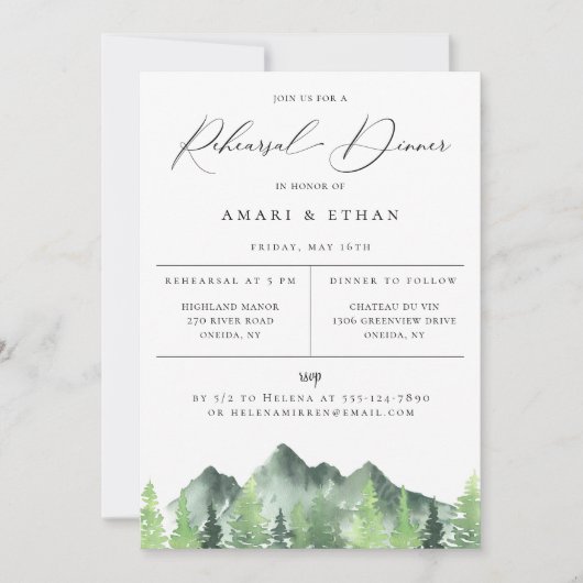 Rustic Forest Mountain Rehearsal Dinner Aankondiging (Voorkant)