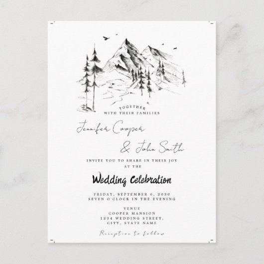 Rustic Forest Mountain Sketch Destination Wedding Briefkaart (Voorkant)