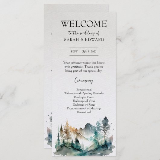 Rustic Forest Mountain Wedding Programme (Devant / Derrière)