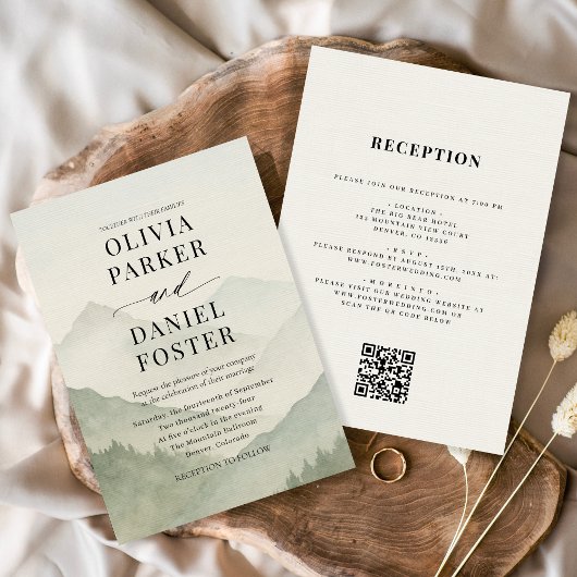 Rustic Forest Mountains QR Code Wedding  Kaart