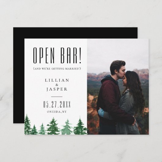 Rustic Forest OPEN BAR Save the Date Humor Aankondiging (Voorkant / Achterkant)