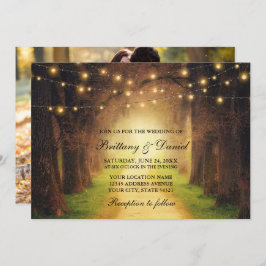 Rustic Forest Path String Lights Photo Wedding Kaart