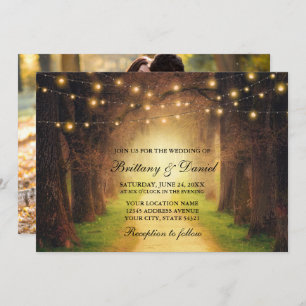Rustic Forest Path String Lights Photo Wedding Kaart