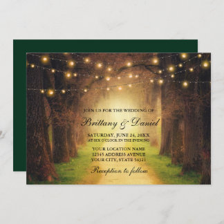 Rustic Forest Path String Lights Wedding Green Kaart