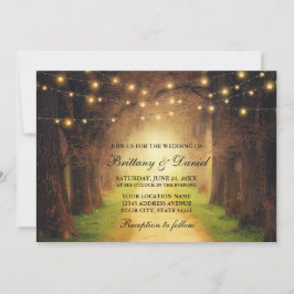 Rustic Forest Path String Lights Wedding Kaart