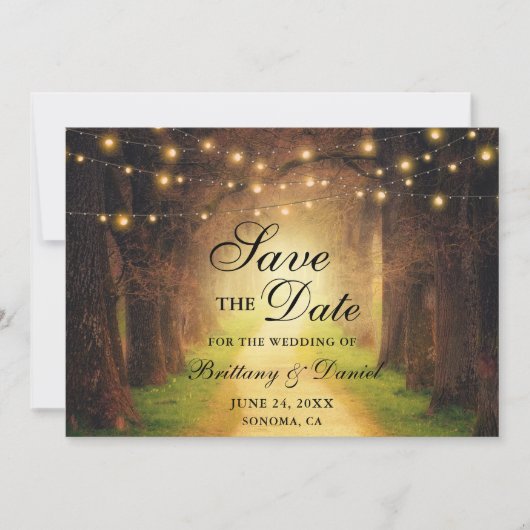 Rustic Forest Path String Lights Wedding Save The Date (Voorkant)