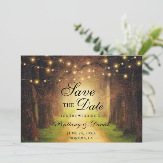 Rustic Forest Path String Lights Wedding Save The Date (Staand voorkant)